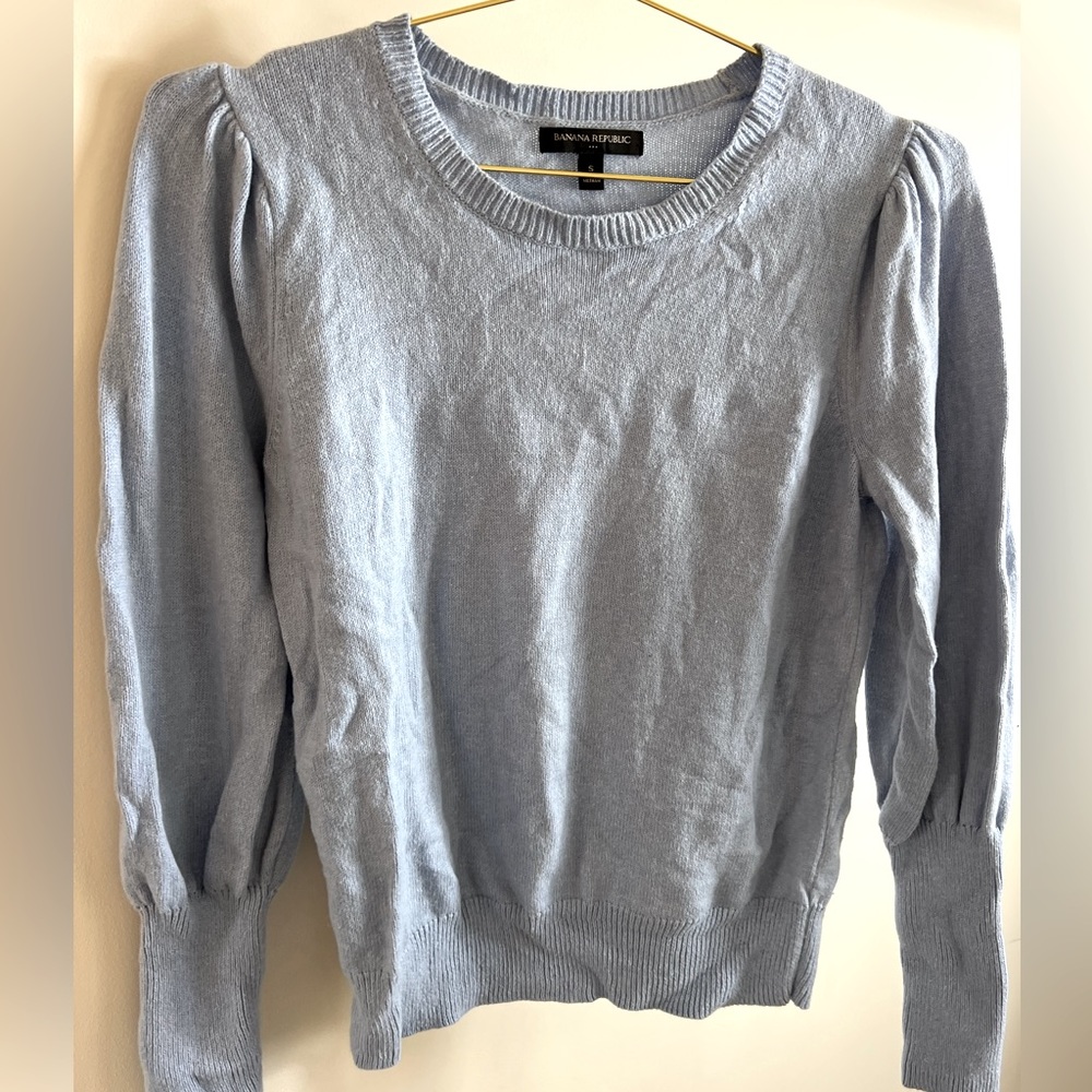 Light Blue Puff Sleeve Lightweight Sweater